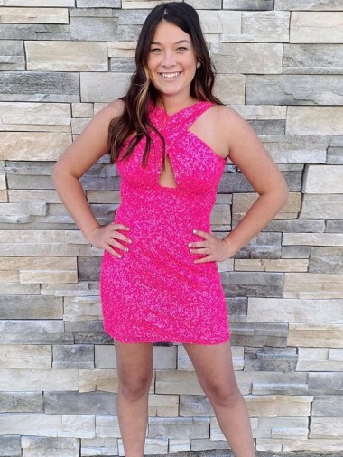 Sheath Halter Neck Velvet Sequins Short Fuchsia Velvet Sequin Prom Dress Canada