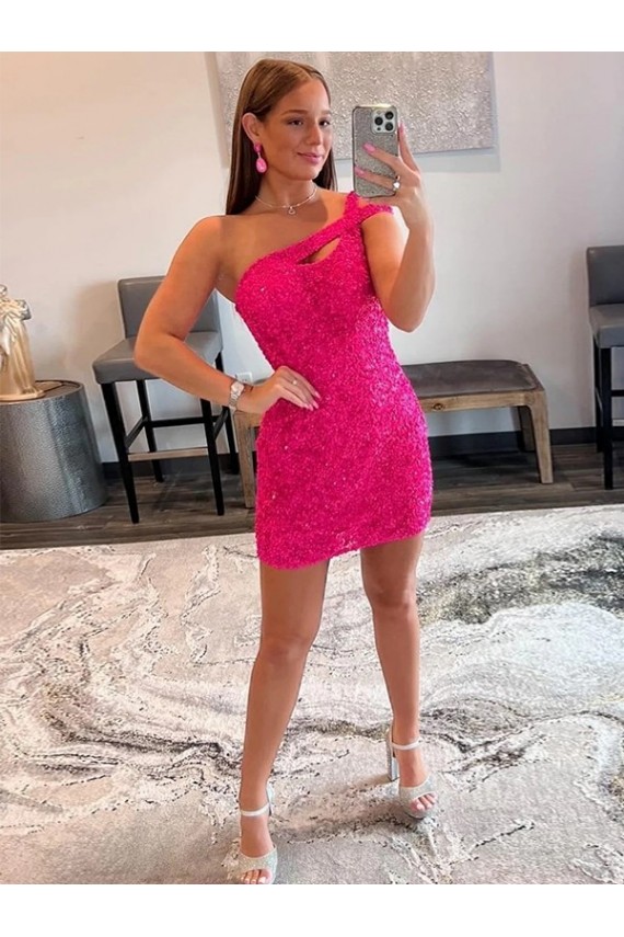 Sheath One Shoulder Velvet Sequins Short Fuchsia Velvet Sequin Prom Dress Canada