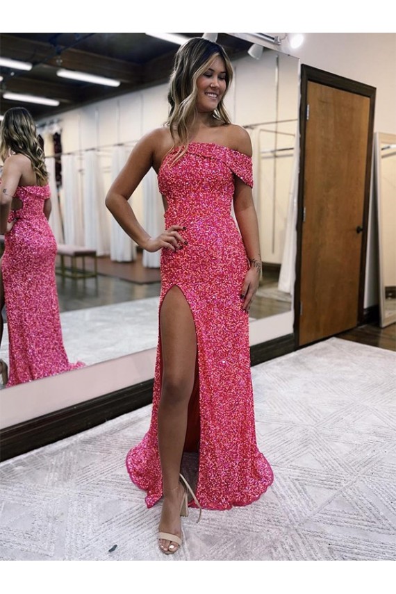 Sheath One Shoulder Velvet Sequin Sweep Train Fuchsia Prom Dress Canada