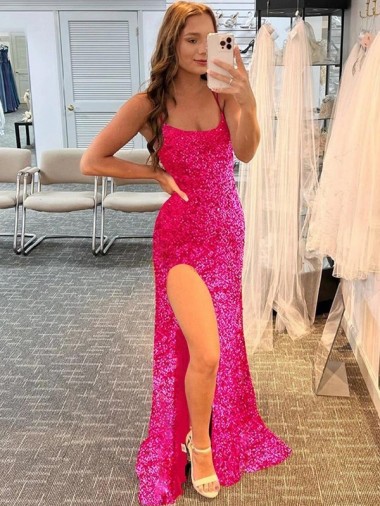 Sheath Spaghetti Straps Velvet Sequins Sweep Train Fuchsia Velvet Sequin Prom Dress Canada