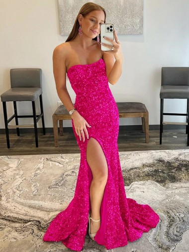 Sheath Strapless Velvet Sequins Sweep Train Fuchsia Velvet Sequin Prom Dress Canada