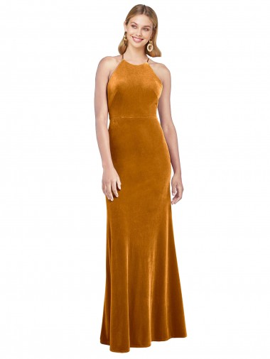 A-Line High Neck Stretch Velvet Long Gold Prom Dress Canada