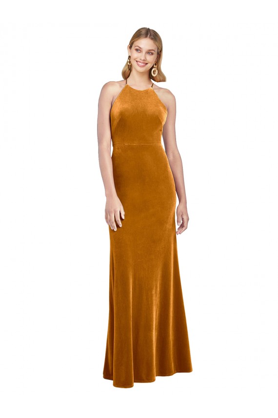 A-Line High Neck Stretch Velvet Long Gold Prom Dress Canada