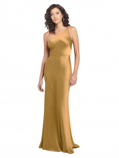 A-Line One Shoulder Stretch Satin Long Gold Prom Dress Canada