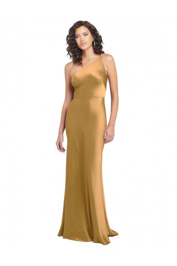 A-Line One Shoulder Stretch Satin Long Gold Prom Dress Canada