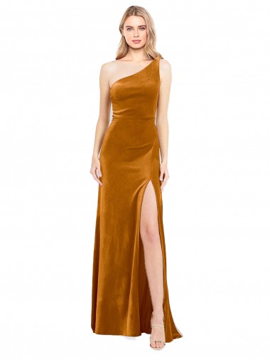 A-Line One Shoulder Stretch Velvet Long Gold Prom Dress Canada