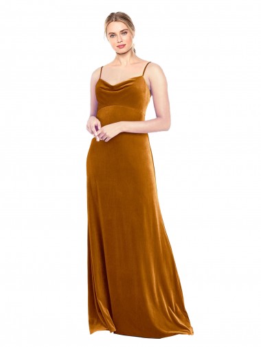 A-Line Cowl Neck Stretch Velvet Long Gold Prom Dress Canada