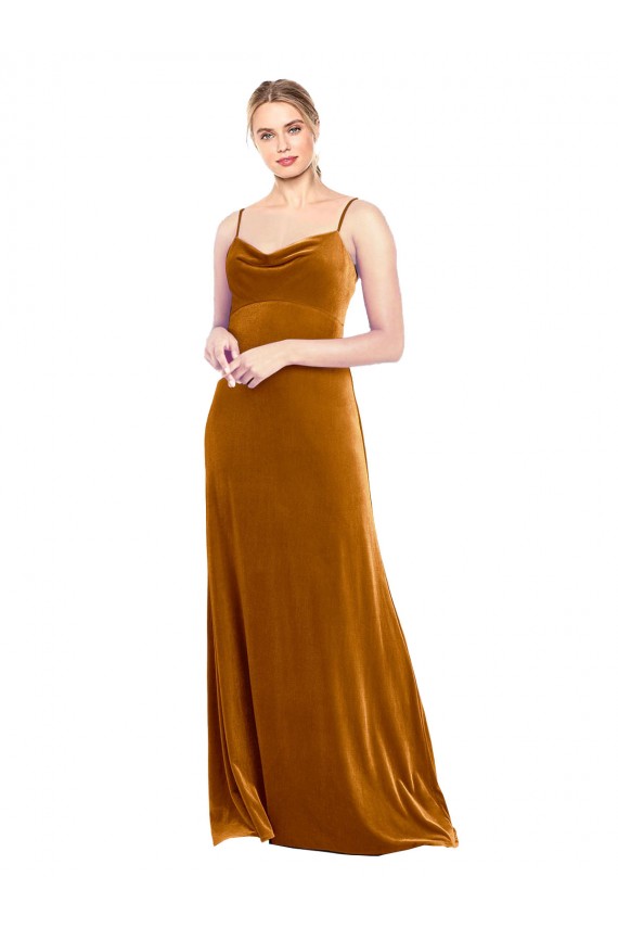 A-Line Cowl Neck Stretch Velvet Long Gold Prom Dress Canada
