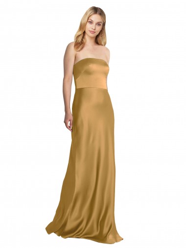A-Line Strapless Stretch Satin Long Gold Prom Dress Canada