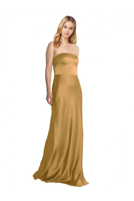 A-Line Strapless Stretch Satin Long Gold Prom Dress Canada