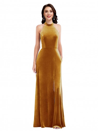 Trumpet High Neck Stretch Velvet Long Gold Prom Dress Canada