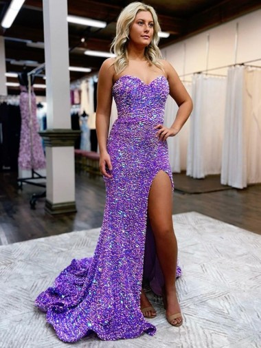A-Line Sweetheart Velvet Sequins Court Train Lavender Velvet Sequin Prom Dress Canada