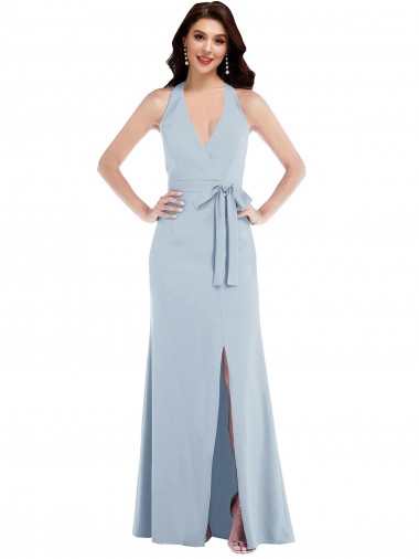 A-Line V-Neck Stretch Crepe Long Light Sky Blue Prom Dress Canada