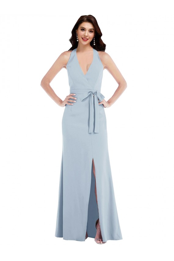 A-Line V-Neck Stretch Crepe Long Light Sky Blue Prom Dress Canada