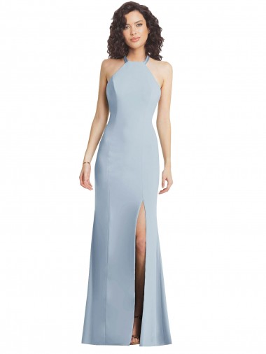 Trumpet Halter Crepe Long Light Sky Blue Sleeveless Prom Party Dress Canada