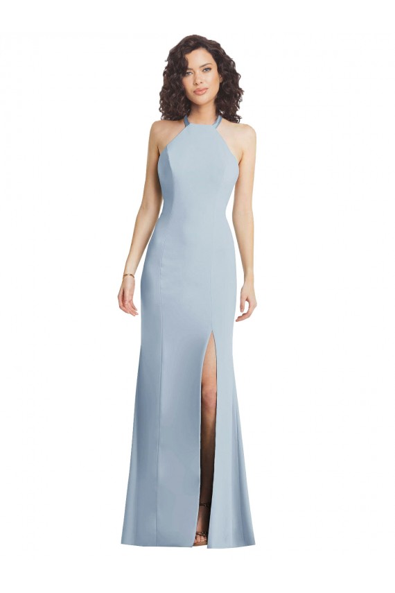 Trumpet Halter Crepe Long Light Sky Blue Sleeveless Prom Party Dress Canada