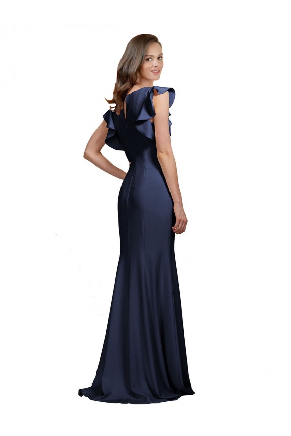 Mermaid Bateau Neck Stretch Crepe Long Dark Navy Prom Dress Canada