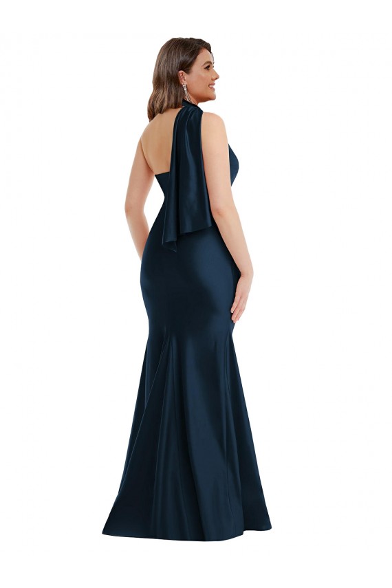 Mermaid Halter Neck Silk like Satin Long Dark Navy Plus Size Formal Prom Dress Canada