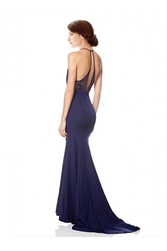 Mermaid Halter Neck Stretch Crepe Long Navy Blue Sleeveless Prom Dress Canada