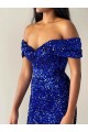 Mermaid Off the Shoulder Velvet Sequins Sweep Train Royal Blue Velvet Sequin Prom Dress Canada