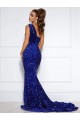 Mermaid One Shoulder Velvet Sequins Court Train Royal Blue Velvet Sequin Prom Dress Canada
