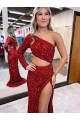 Mermaid One Shoulder Velvet Sequin Sweep Train Burgundy Prom Dress Canada