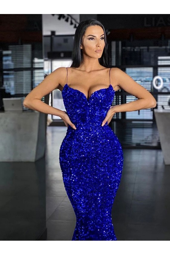 Mermaid Spaghetti Straps Velvet Sequins Sweep Train Royal Blue Velvet Sequin Prom Dress Canada