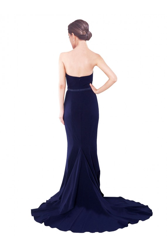 Mermaid Strapless Stretch Crepe Sweep Train Dark Navy Prom Dress Canada
