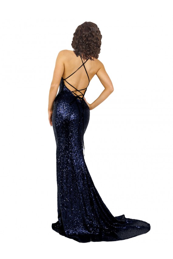 Mermaid V-Neck Sequin Long Dark Navy Prom Dress Canada