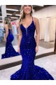 Mermaid V-Neck Velvet Sequins Court Train Royal Blue Velvet Sequin Prom Dress Canada