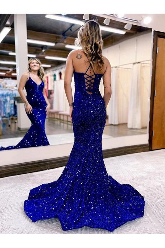 Mermaid V-Neck Velvet Sequins Court Train Royal Blue Velvet Sequin Prom Dress Canada