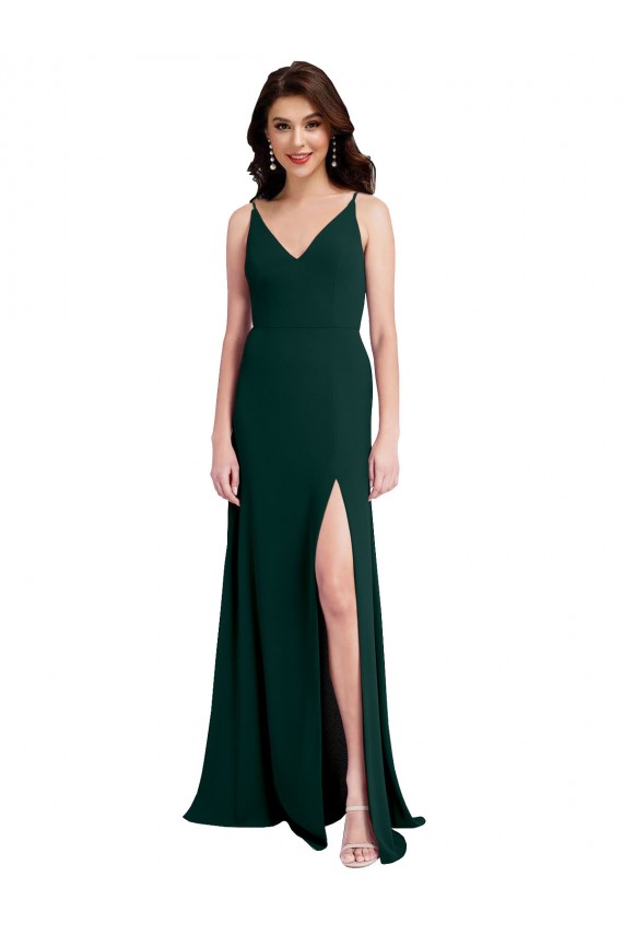 A-Line V-Neck Stretch Crepe Long Midnight Green Prom Dress Canada