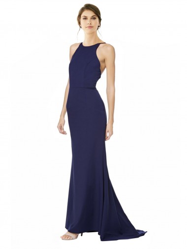 Mermaid Halter Neck Stretch Crepe Long Navy Blue Prom Dress Canada