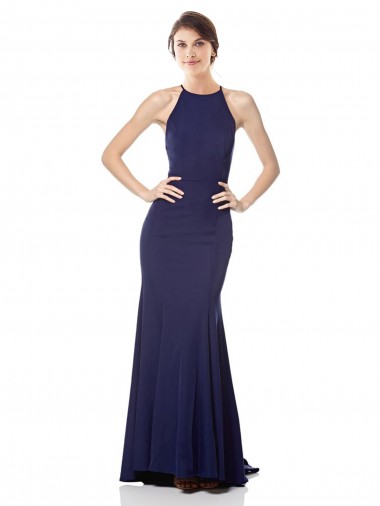 Mermaid Halter Neck Stretch Crepe Long Navy Blue Sleeveless Prom Dress Canada