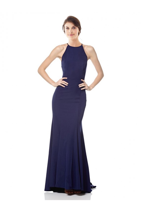 Mermaid Halter Neck Stretch Crepe Long Navy Blue Sleeveless Prom Dress Canada