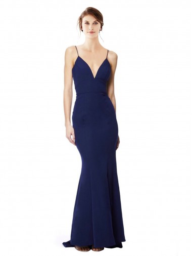 Mermaid Spaghetti Straps Stretch Crepe Long Navy Blue Prom Dress Canada
