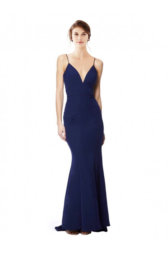 Mermaid Spaghetti Straps Stretch Crepe Long Navy Blue Prom Dress Canada
