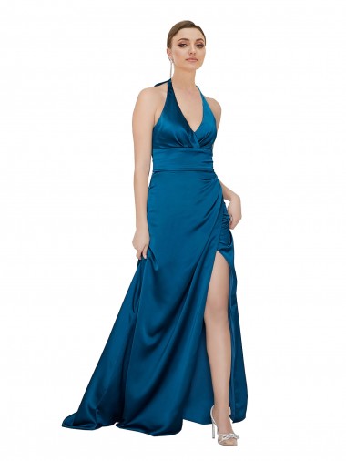 A-Line Halter Neck Silk like Satin Long Peacock Blue Prom Dress Canada