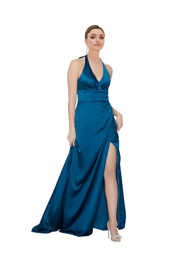 A-Line Halter Neck Silk like Satin Long Peacock Blue Prom Dress Canada