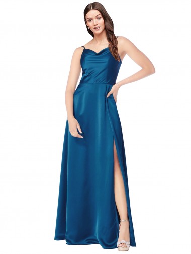 A-Line Cowl Neck Silk like Satin Long Peacock Blue Prom Dress Canada