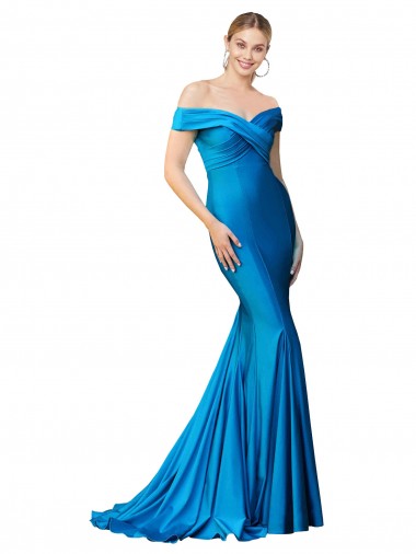 Mermaid High Neck Satin Long Peacock Blue Prom Dress Canada