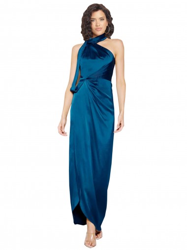 Sheath High Neck Silk like Satin Long Peacock Blue Prom Dress Canada