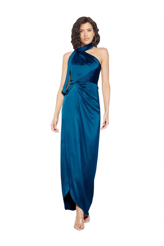 Sheath High Neck Silk like Satin Long Peacock Blue Prom Dress Canada