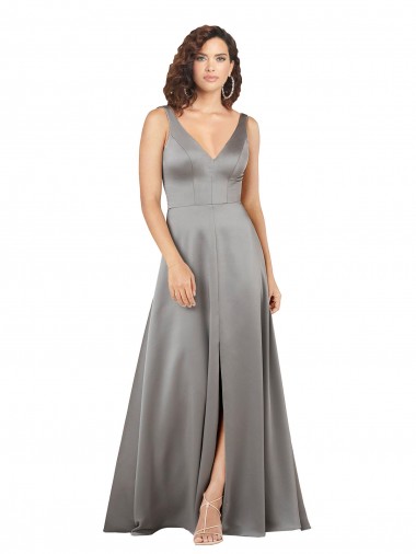 A-Line V-Neck Silk like Satin Long Pearl Grey Prom Dress Canada