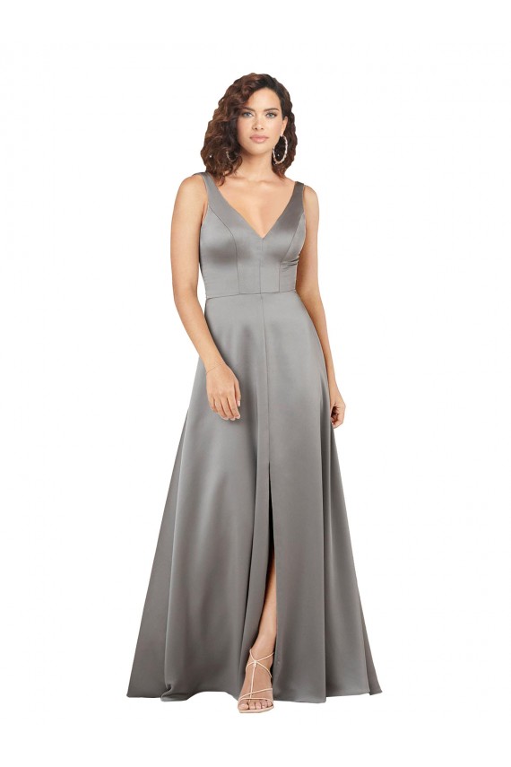 A-Line V-Neck Silk like Satin Long Pearl Grey Prom Dress Canada