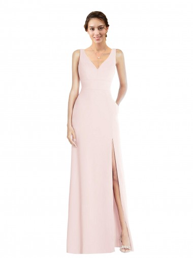 A-Line V-Neck Stretch Crepe Long Pink Black Tie Prom Dress Canada
