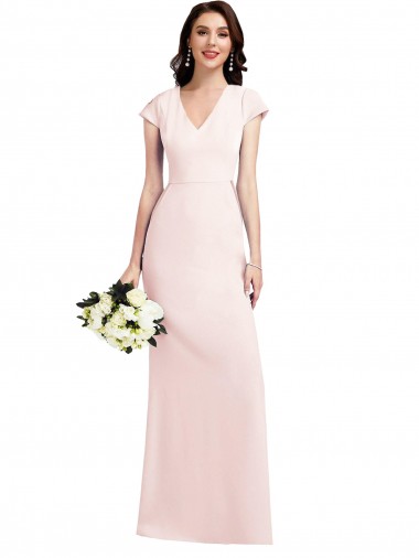 A-Line V-Neck Stretch Crepe Long Pink Cap Sleeves Prom Dress Canada