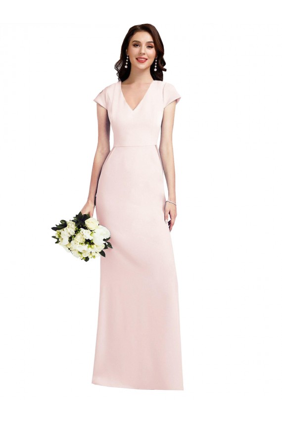 A-Line V-Neck Stretch Crepe Long Pink Cap Sleeves Prom Dress Canada