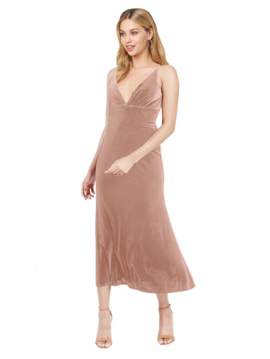 A-Line V-Neck Stretch Velvet Midi Length Pink Prom Dress Canada