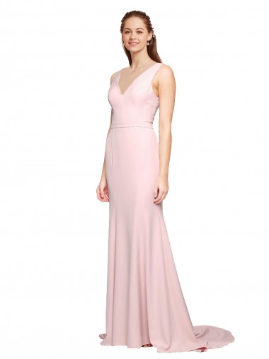 A-Line V-Neck Stretch Crepe Sweep Train Pink Black Tie Prom Dress Canada